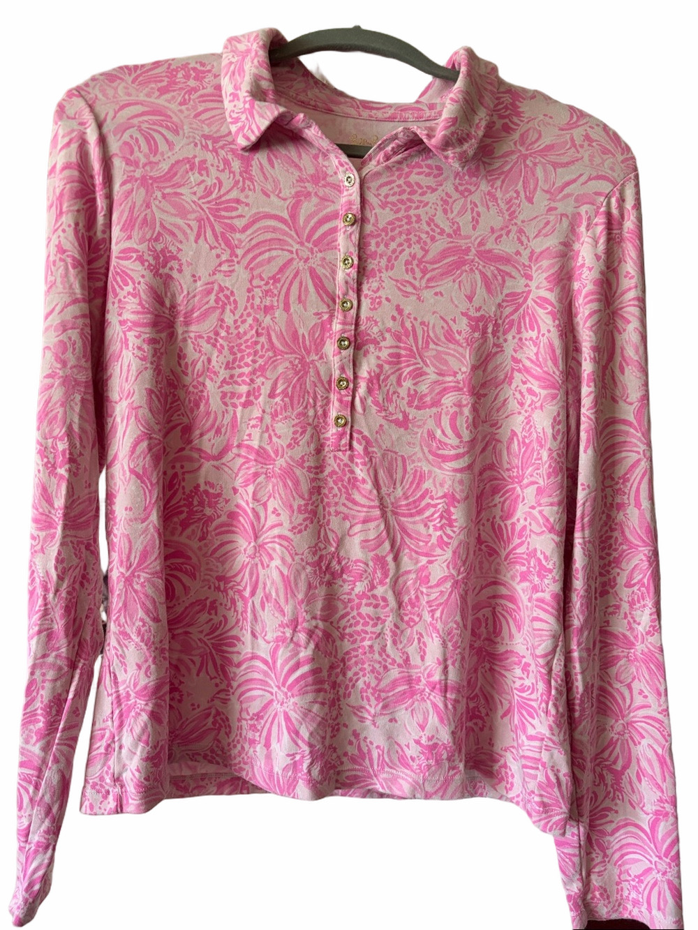Lilly Pulitzer Reema Polo top in Pink blossom foxy Llama tropical floral XL